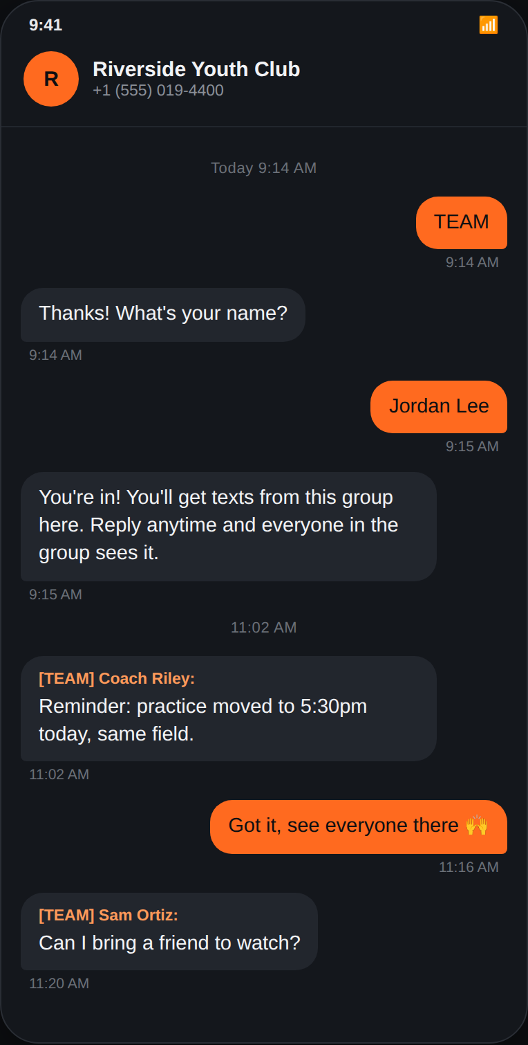 Example RallyText Group Thread conversation shown as plain text messages on a phone, with each member's name automatically labeled